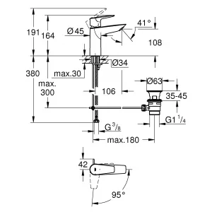 Смеситель для раковины GROHE BauEdge с рычажным донным клапаном, размер M, хром (23759001) Смеситель для раковины GROHE BauEdge с рычажным донным клапаном, размер M, хром (23759001)