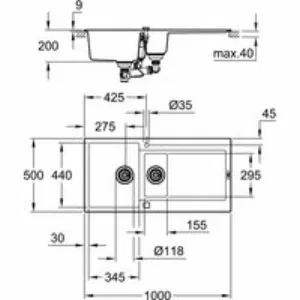 Мойка GROHE K500 с 1,5 чашей, 1000 x 500 мм, черный гранит (31646AP0) Мойка GROHE K500 с 1,5 чашей, 1000 x 500 мм, черный гранит (31646AP0)
