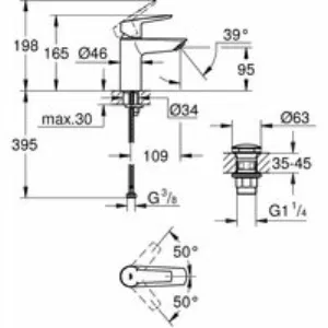 Смеситель для раковины GROHE Start с донным клапаном, S-Size, матовый черный (235502432) Смеситель для раковины GROHE Start с донным клапаном, S-Size, матовый черный (235502432)