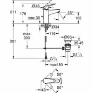 Смеситель для раковины GROHE Euroeco с донным клапаном, размер M, хром (24265001) Смеситель для раковины GROHE Euroeco с донным клапаном, размер M, хром (24265001)